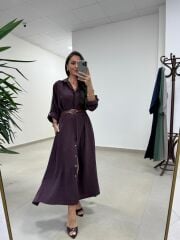 Fp 3270 Kemerli Tensel Mürdüm Gömlek Elbise