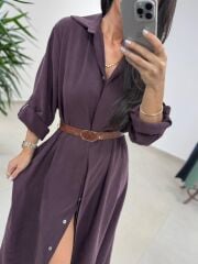 Fp 3270 Kemerli Tensel Mürdüm Gömlek Elbise