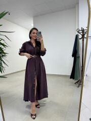 Fp 3270 Kemerli Tensel Mürdüm Gömlek Elbise