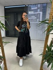 Dr 2583 Yüz Nakışlı Siyah Elbise