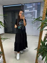 Dr 2583 Yüz Nakışlı Siyah Elbise