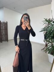 Qs 1009 Sandy Çift Yırtmaçlı Maksiboy Siyah Elbise