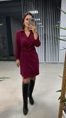 Kruvaze Tokalı Mürdüm Elbise