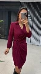 Kruvaze Tokalı Mürdüm Elbise