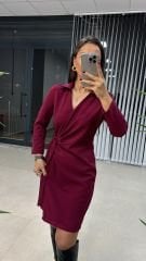 Kruvaze Tokalı Mürdüm Elbise