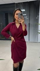 Kruvaze Tokalı Mürdüm Elbise