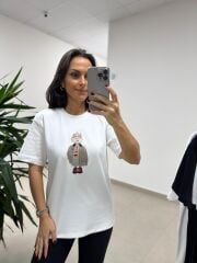 Ml 54737 Bisiklet Yaka Taş Detaylı Figürlü Beyaz Tişört