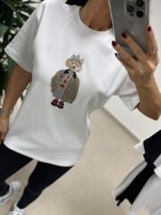 Ml 54737 Bisiklet Yaka Taş Detaylı Figürlü Beyaz Tişört