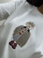 Ml 54737 Bisiklet Yaka Taş Detaylı Figürlü Beyaz Tişört