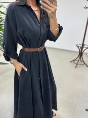 Fp 3270 Kemerli Tensel Siyah Gömlek Elbise