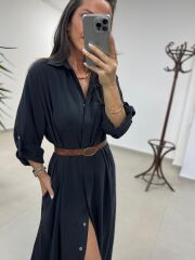 Fp 3270 Kemerli Tensel Siyah Gömlek Elbise