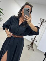 Fp 3270 Kemerli Tensel Siyah Gömlek Elbise