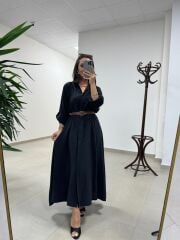 Fp 3270 Kemerli Tensel Siyah Gömlek Elbise