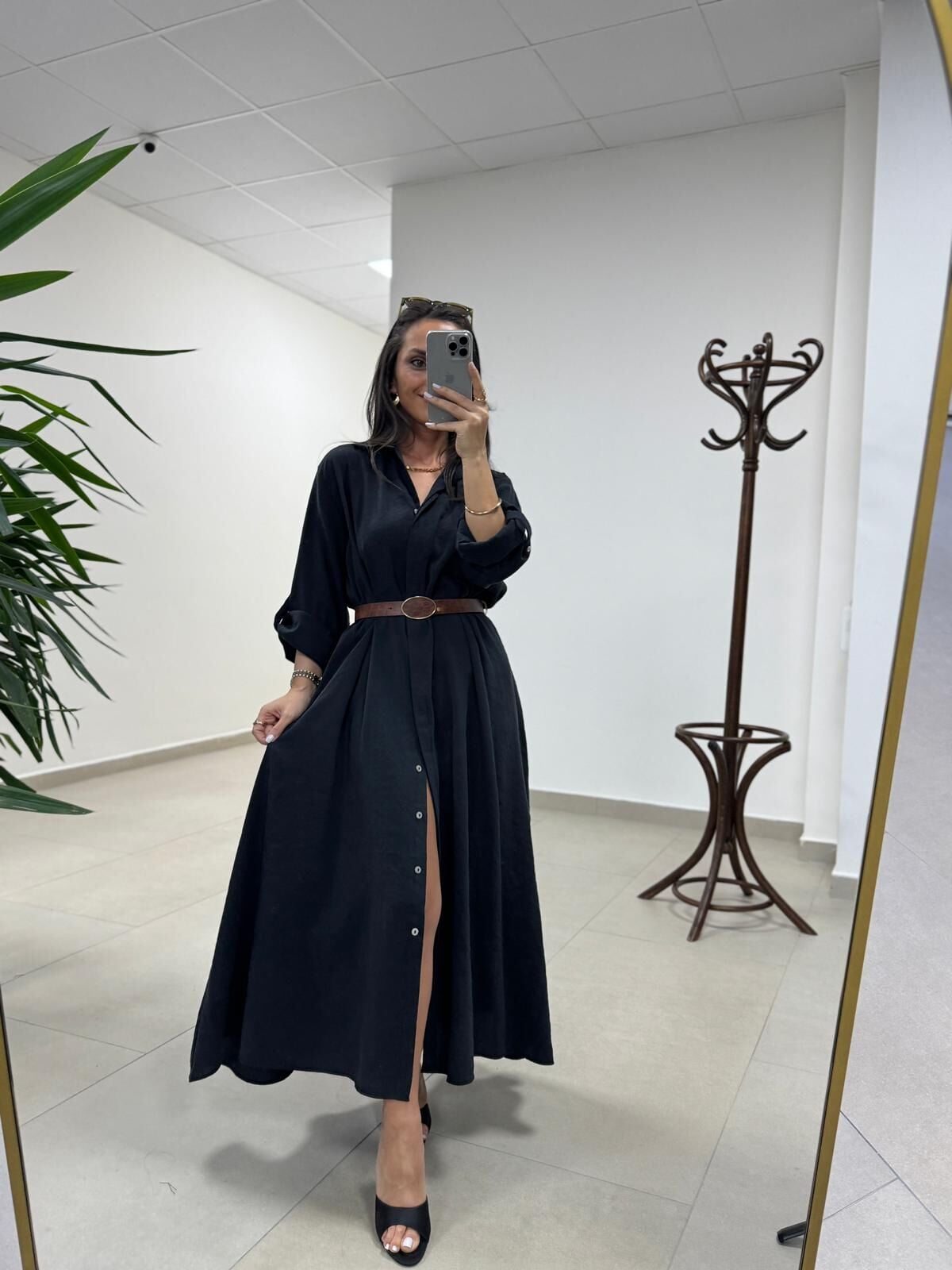 Fp 3270 Kemerli Tensel Siyah Gömlek Elbise