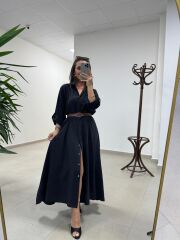 Fp 3270 Kemerli Tensel Siyah Gömlek Elbise