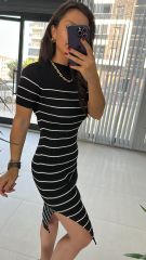 Short Sleeve Black Striped Knitwear Dress