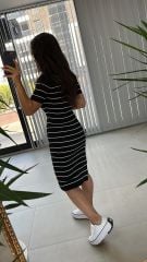 Kısa Kollu Siyah Çizgili Triko Elbise