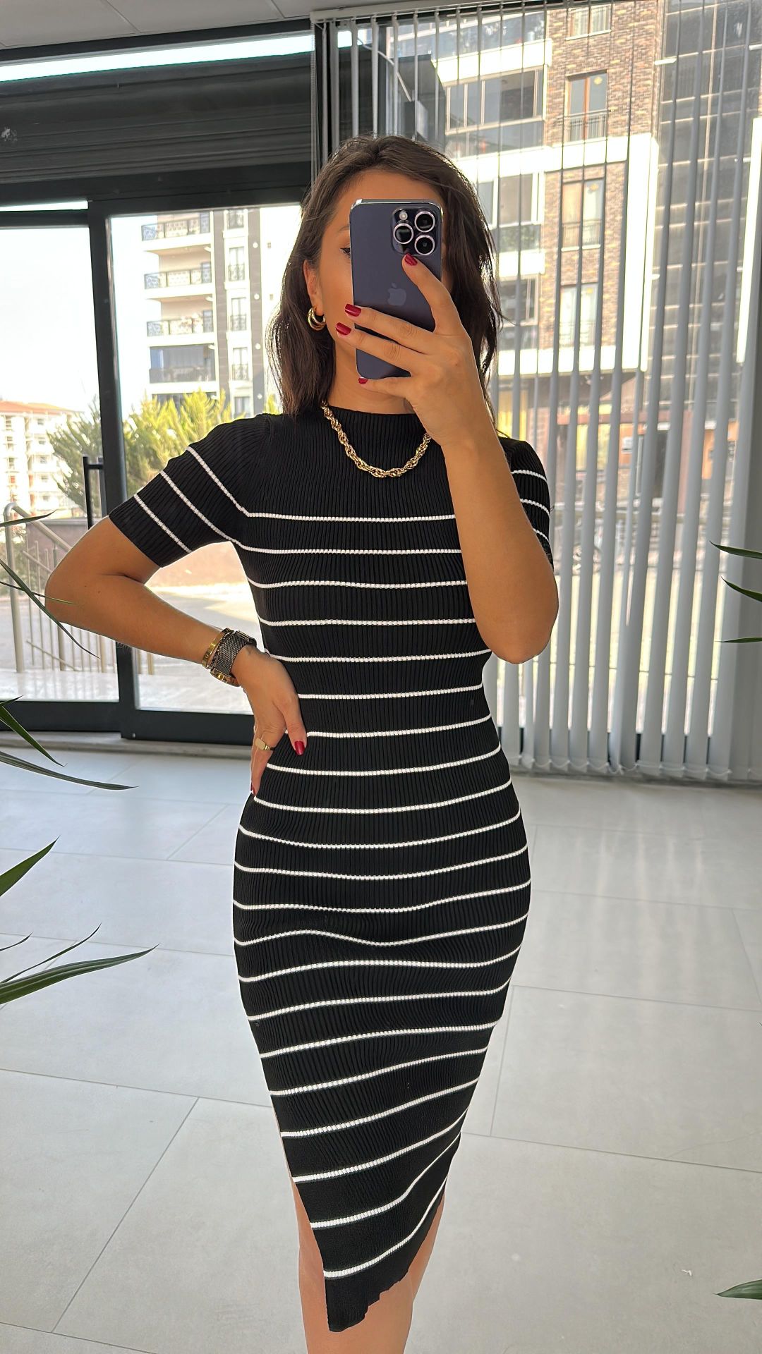 Short Sleeve Black Striped Knitwear Dress