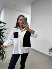 Bb 29341 Ekru-Siyah Tasarım Triko Detaylı Gömlek