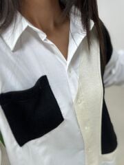 Bb 29341 Ekru-Siyah Tasarım Triko Detaylı Gömlek