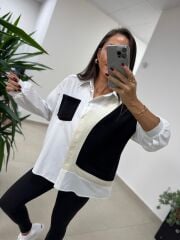 Bb 29341 Ekru-Siyah Tasarım Triko Detaylı Gömlek