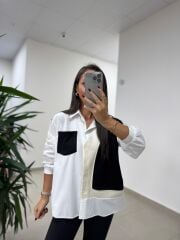Bb 29341 Ekru-Siyah Tasarım Triko Detaylı Gömlek