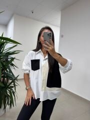 Bb 29341 Ekru-Siyah Tasarım Triko Detaylı Gömlek