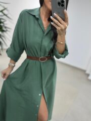 Fp 3270 Kemerli Tensel Yeşil Gömlek Elbise