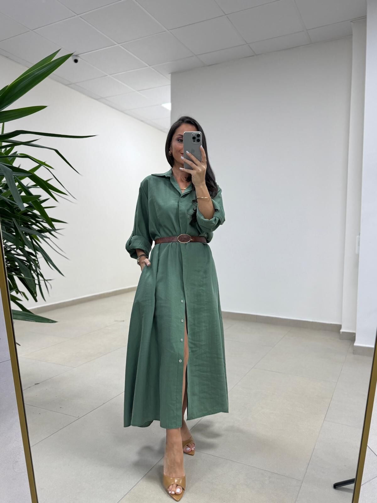 Fp 3270 Kemerli Tensel Yeşil Gömlek Elbise