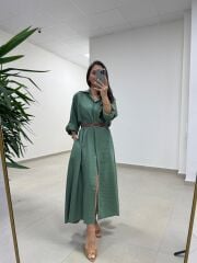 Fp 3270 Kemerli Tensel Yeşil Gömlek Elbise