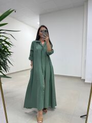 Fp 3270 Kemerli Tensel Yeşil Gömlek Elbise
