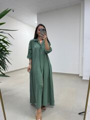Fp 3270 Kemerli Tensel Yeşil Gömlek Elbise