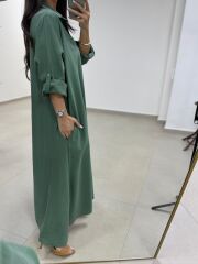 Fp 3270 Kemerli Tensel Yeşil Gömlek Elbise