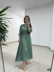 Fp 3270 Kemerli Tensel Yeşil Gömlek Elbise