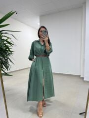 Fp 3270 Kemerli Tensel Yeşil Gömlek Elbise