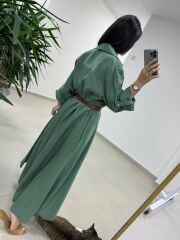 Fp 3270 Kemerli Tensel Yeşil Gömlek Elbise