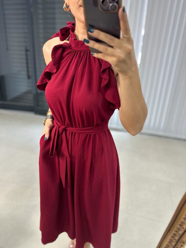 Floş Keten Bağlamalı Vişne Elbise