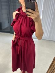 Floş Keten Bağlamalı Vişne Elbise