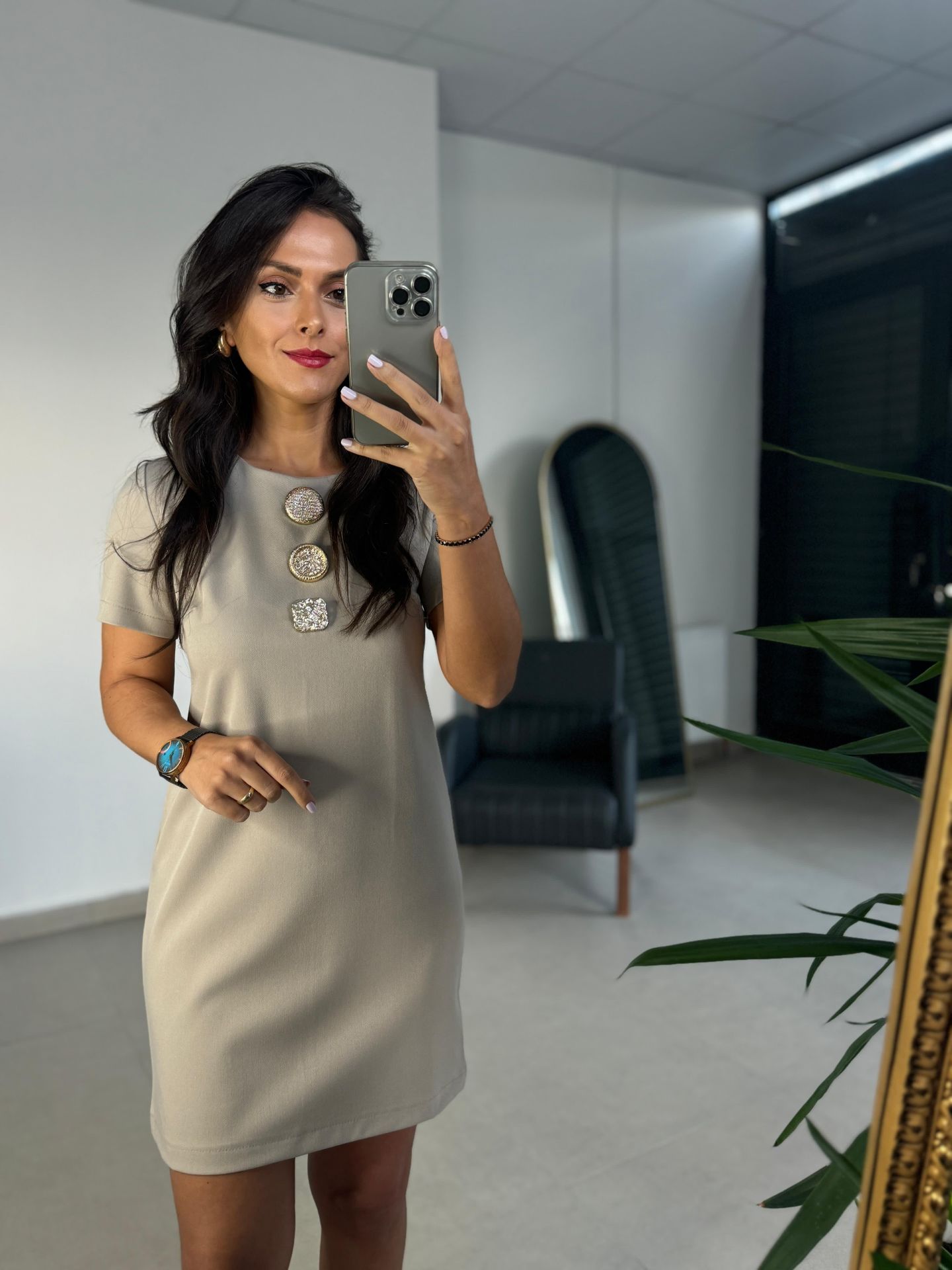 Ms 139 Taş Gold Düğme Detaylı Elbise