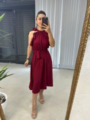 Floş Keten Bağlamalı Vişne Elbise