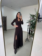 Qs 1009 Sandy Çift Yırtmaçlı Maksiboy Acı Kahve Elbise