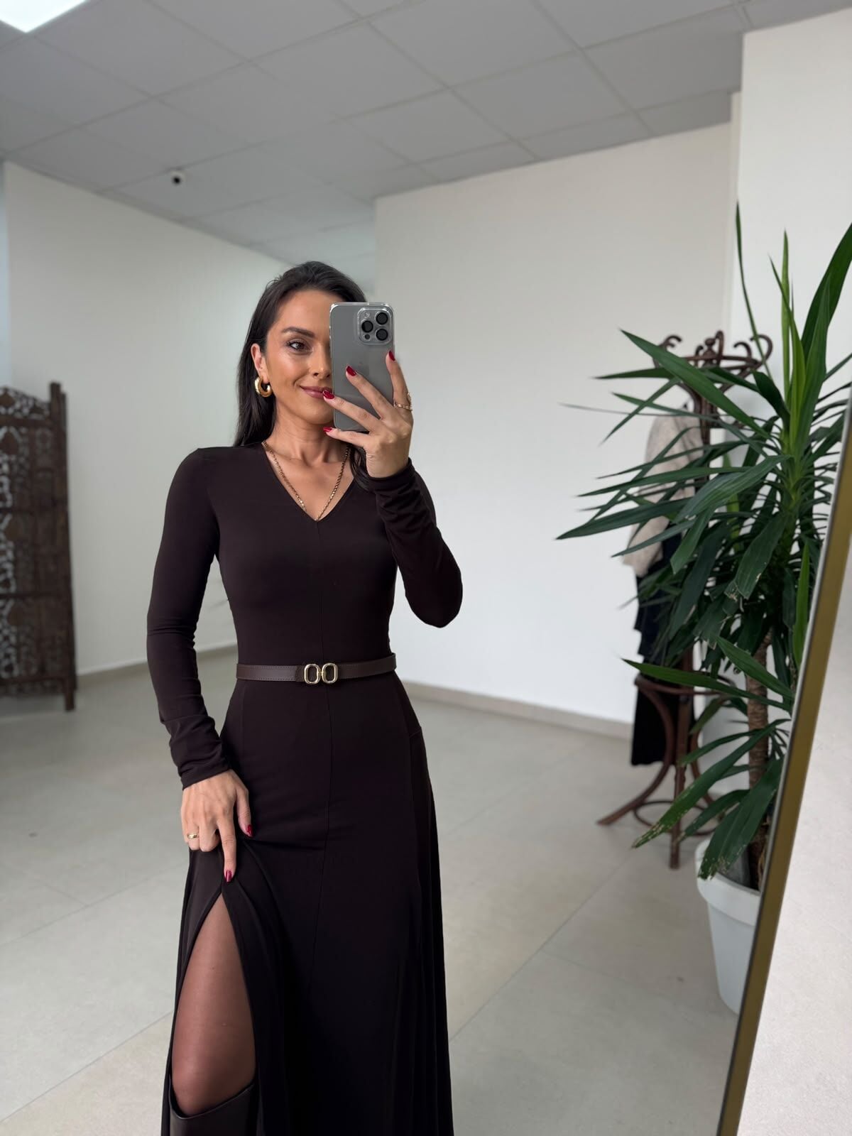 Qs 1009 Sandy Çift Yırtmaçlı Maksiboy Acı Kahve Elbise