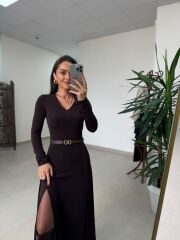 Qs 1009 Sandy Çift Yırtmaçlı Maksiboy Acı Kahve Elbise