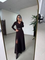Qs 1009 Sandy Çift Yırtmaçlı Maksiboy Acı Kahve Elbise