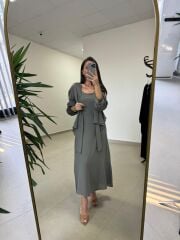 Fp 3367 Pamuk Keten Bolerolu Haki Elbise