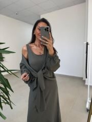 Fp 3367 Pamuk Keten Bolerolu Haki Elbise