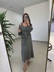 Fp 3367 Pamuk Keten Bolerolu Haki Elbise