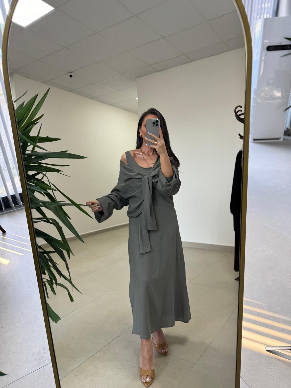 Fp 3367 Pamuk Keten Bolerolu Haki Elbise