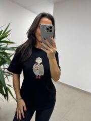 Ml 54737 Bisiklet Yaka Taş Detaylı Figürlü Siyah Tişört