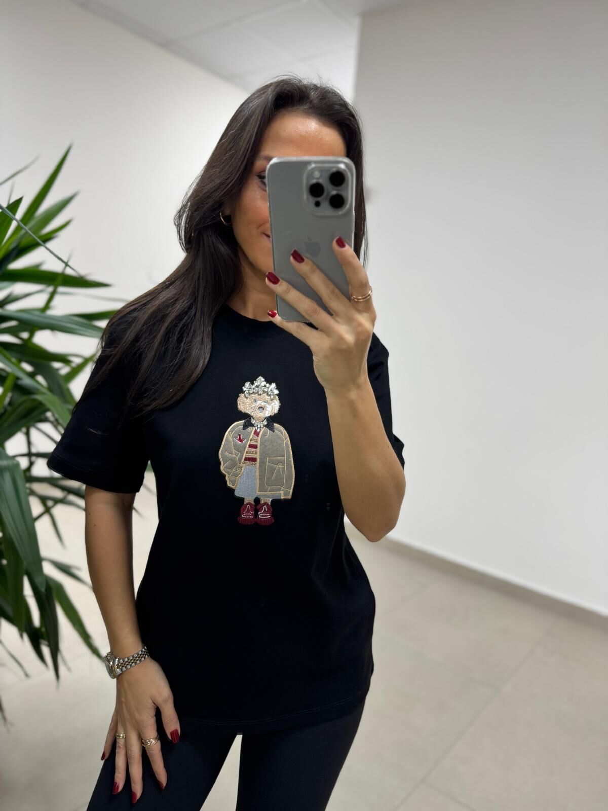 Ml 54737 Bisiklet Yaka Taş Detaylı Figürlü Siyah Tişört